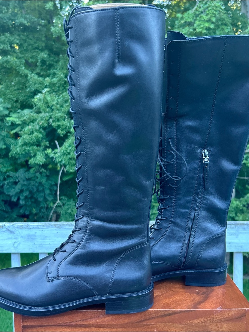 Sam Edelman Nance Black Lace Up Rounded Toe Stacked Heel Leather Knee Boots 9M - Picture 5 of 8